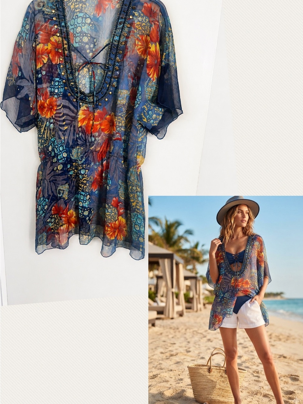 Sheer Navy Floral Beach Cover-Up Tunic
